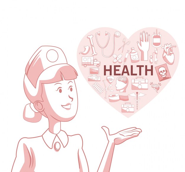 Vector white background with red color sections of silhouette nurse with heart shape with elements health