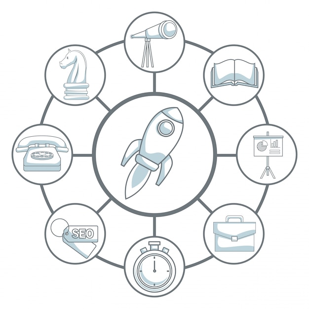 로켓의 실루엣 색상 섹션 음영 흰색 배경 아이콘 사업 개발에 연결 시작