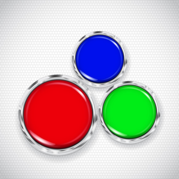 작은 원과 빨강, 녹색 및 파랑 버튼이있는 흰색 배경