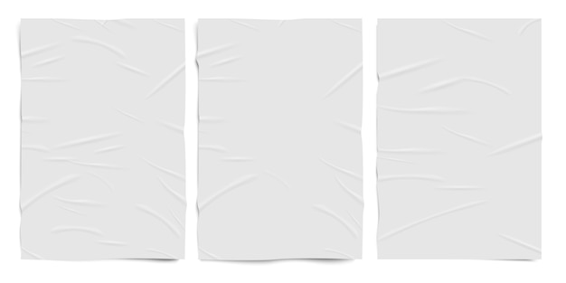 Vector white badly glued paper texture, wet wrinkled effect paper sheets,   realistic set