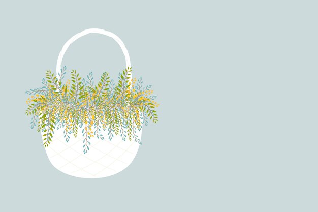 White basket with flowers and plants Vector illustration on blue background