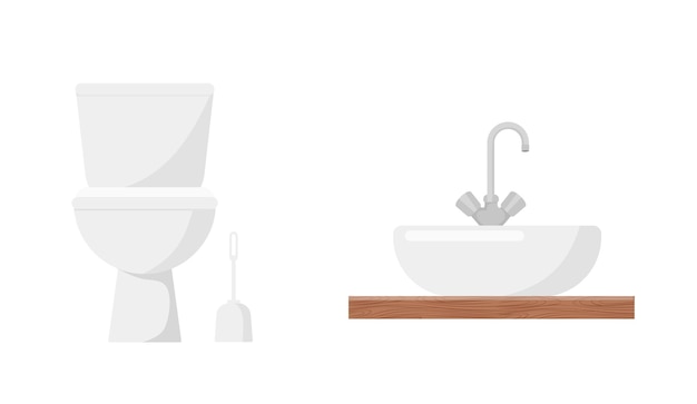 Vettore bacino del lavandino del bagno bianco con rubinetto e water isolato su sfondo bianco illustrazione vettoriale