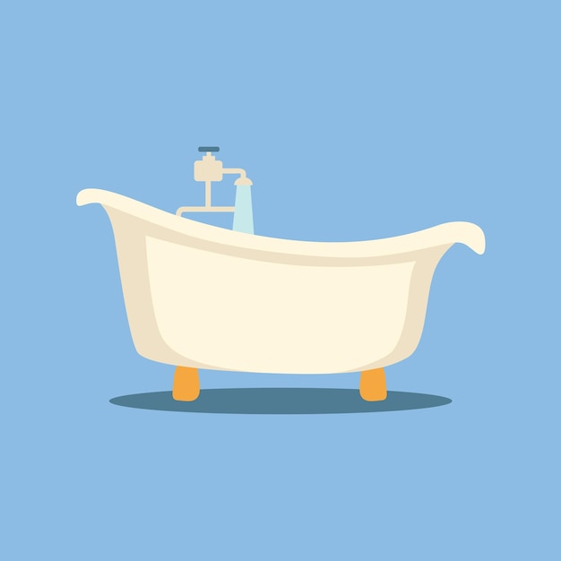 White bathtub with water running in bathroom. Vintage bath on blue background