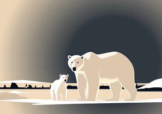 Белая медведица и ее медвежонок идут по снегу. Мать и ребенок. Заснеженные равнины
