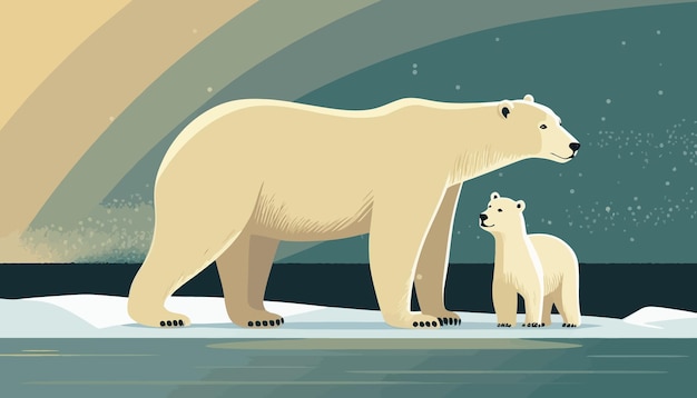 Vector the white bear and her cub bear walks through the snow. mother and child. the snow-covered plains