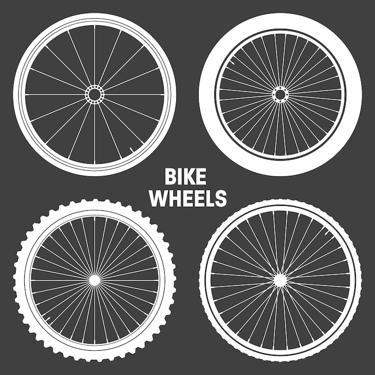 Vector white bicycle wheel symbols collection bike rubber tyre silhouettes fitness cycle road and mountain bike vector illustration