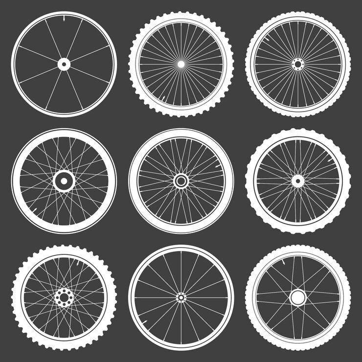 Vector white bicycle wheel symbols collection bike rubber tyre silhouettes fitness cycle road and mountain bike vector illustration