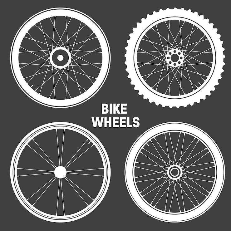 Vector white bicycle wheel symbols collection bike rubber tyre silhouettes fitness cycle road and mountain bike vector illustration