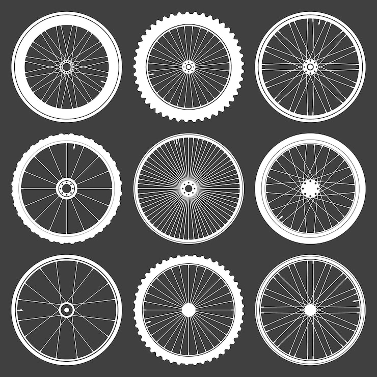 Vector white bicycle wheel symbols collection bike rubber tyre silhouettes fitness cycle road and mountain bike vector illustration
