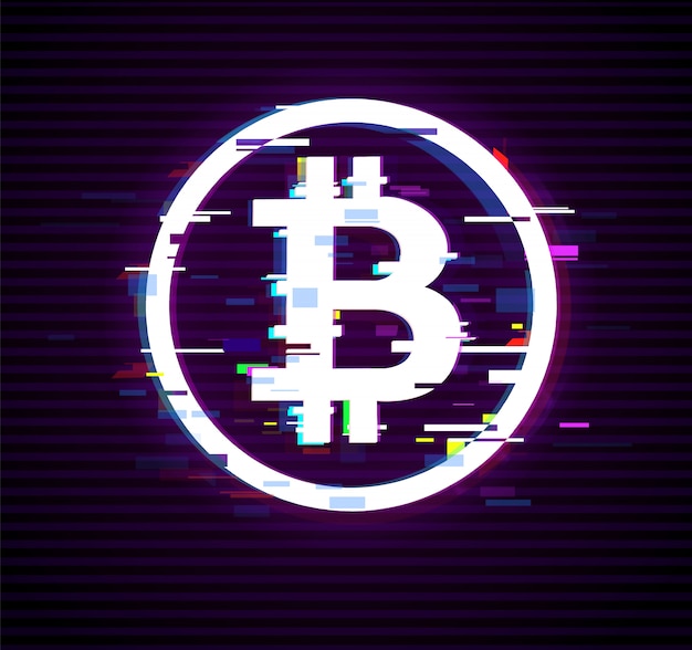 Vettore il bitcoin bianco firma nello stile di glitch sui soldi neri di internet digitali. effetto di interferenza per l'immagine.