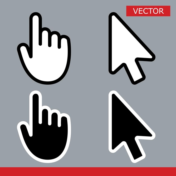 Vector white and black arrow cursors and hand cursors icons signs with rounded angles flat style design