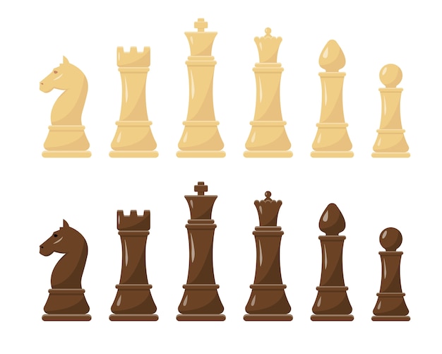 White and black chess figures set  illustration. collection of king, queen, bishop, knight, rook and pawn.