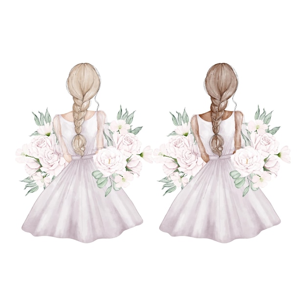 Vector white and black girl in ball gowns