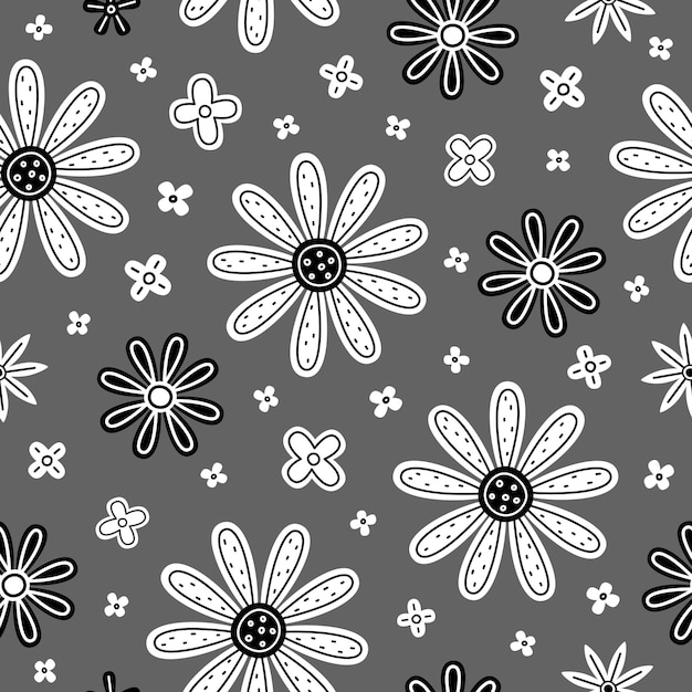 White and black vector flowers on a gray background. seamless pattern with flowers