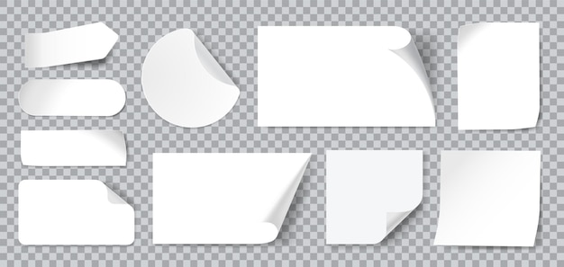 Vector white blank adhesive stickers with folded or curled corners. realistic paper sticky notes