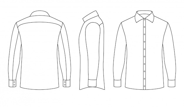 前面、側面、背面の長袖とボタン付きの白い空白のビジネスマンシャツ。
