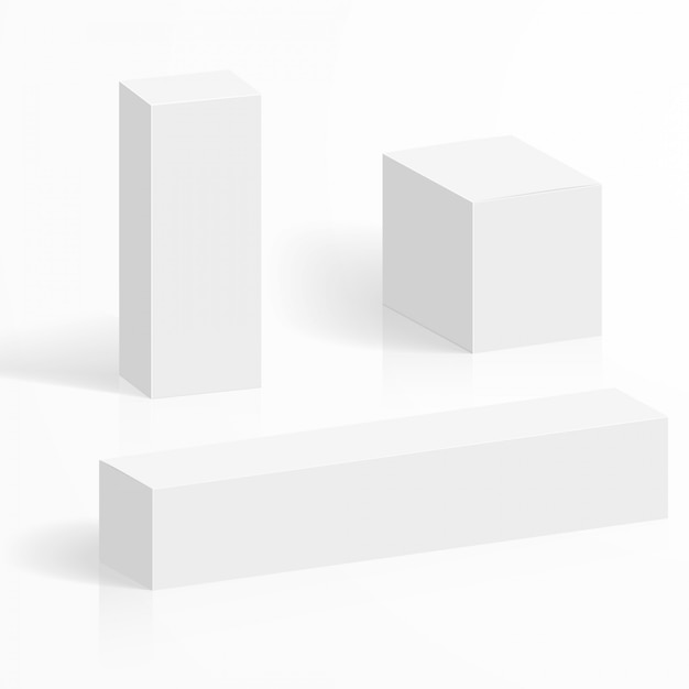 Vector white blank cardboard boxes in various shapes and sizes