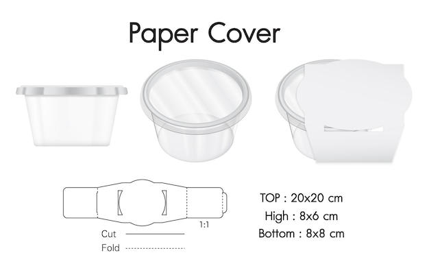 Вектор Белая пустая картонная крышка, пластиковая чаша с 3d-макетом, контейнером и упаковкой