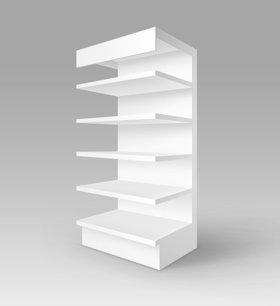 Bianco vuoto vuoto exhibition trade stand shop rack con ripiani storefront isolato su sfondo