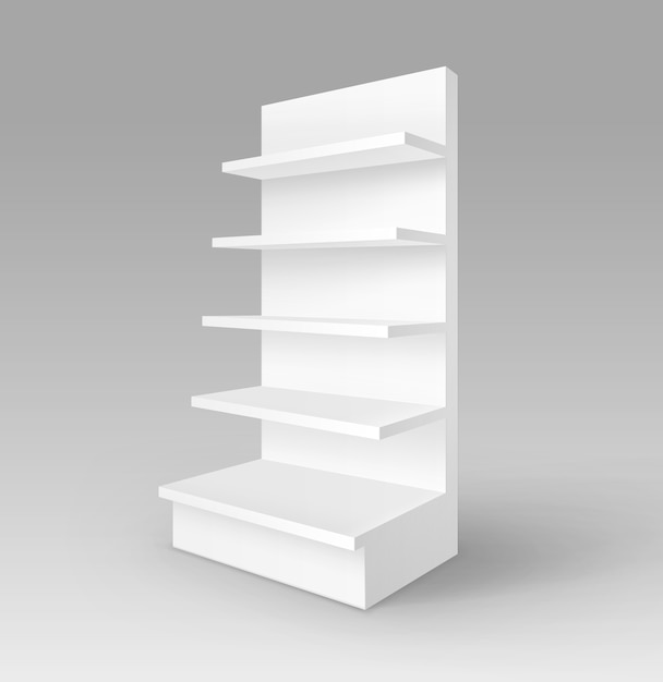 Vector white blank empty exhibition trade stand shop rack with shelves storefront isolated on background