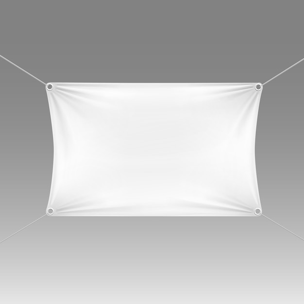 Vector white blank empty horizontal rectangular banner with corners ropes.