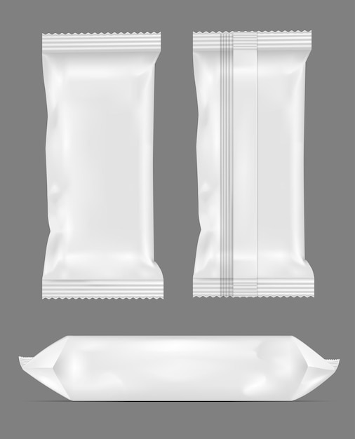Vettore confezione snack alimentare in foglio bianco bianco per patatine, caramelle e altri prodotti