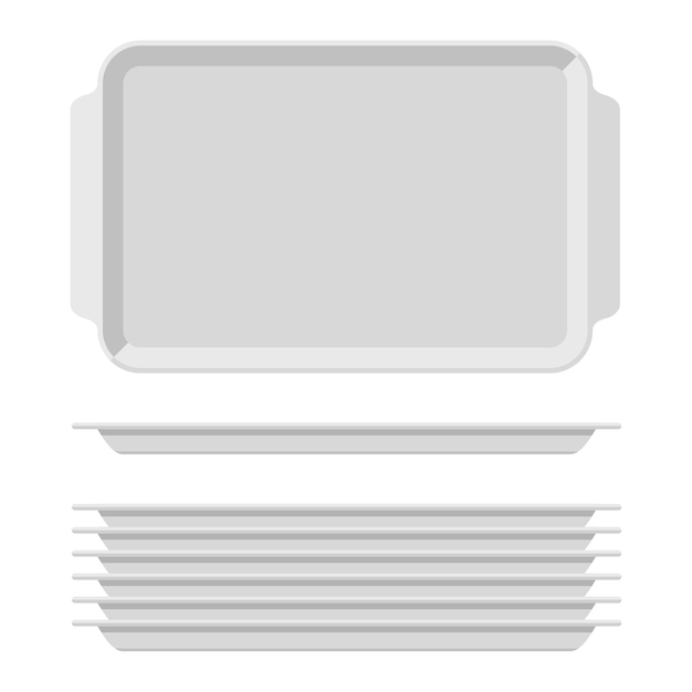 ハンドル付きの白いブランクフードトレイセット。白い背景で隔離の長方形のキッチン金属製の盆。食堂のイラスト用のプラスチックトレイ、上面プレートの長方形のスタック。