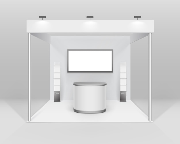 Белая пустая крытая торговая выставочная будка стандартная подставка для презентации с держателем буклета для буклета на фоне экрана