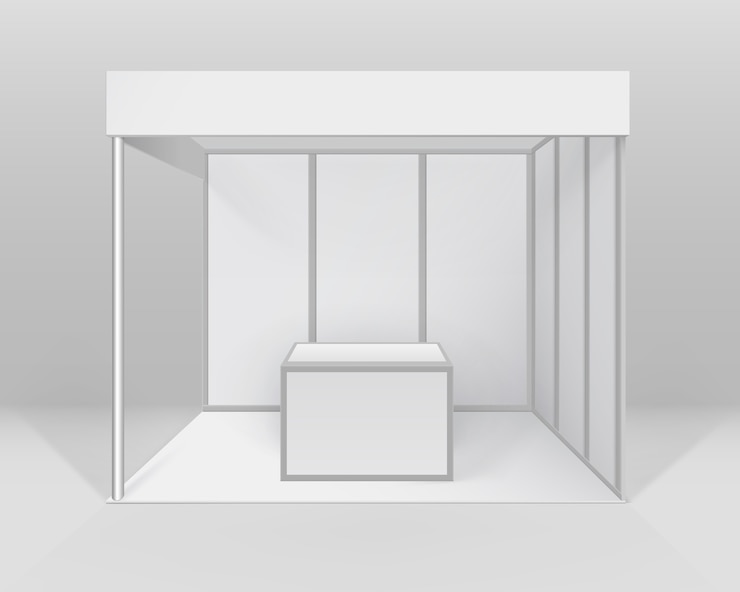 Vector white blank indoor trade exhibition booth standard stand for presentation with counter isolated on background