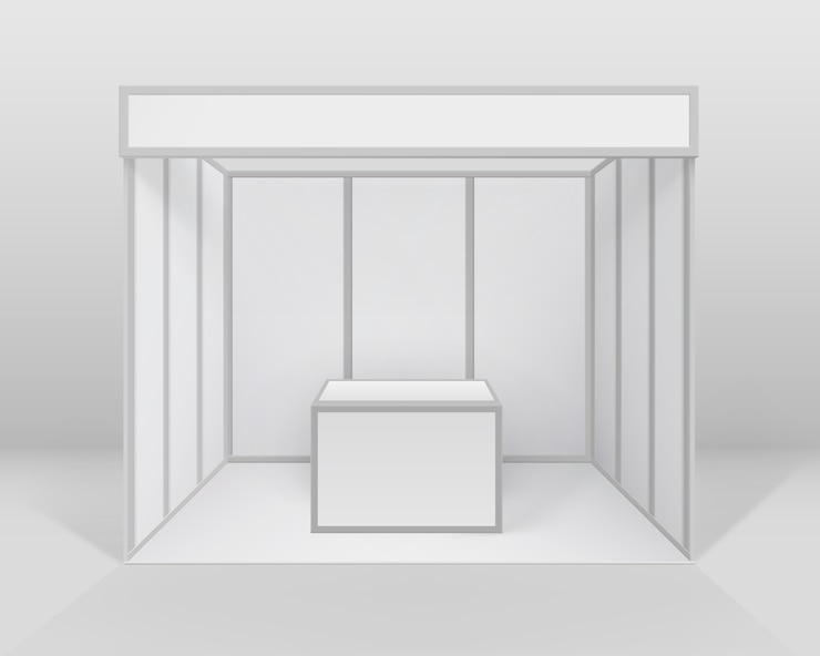 Vector white blank indoor trade exhibition booth standard stand for presentation with counter isolated on background