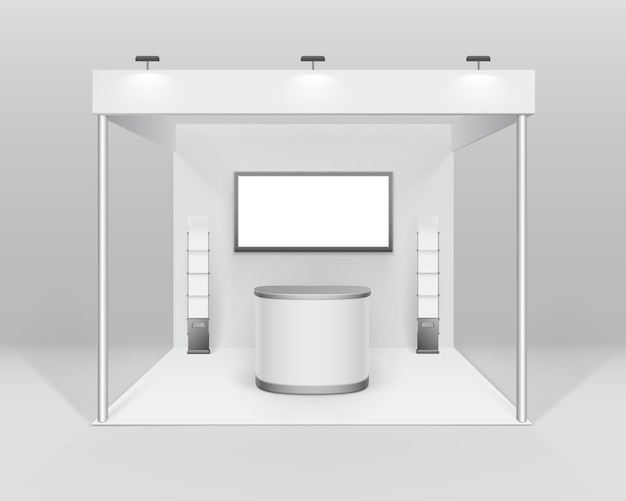 White Blank Indoor Trade exhibition Booth Standard Stand for Presentation with Counter Spotlight Screen Booklet Brochure Holder Isolated on Background