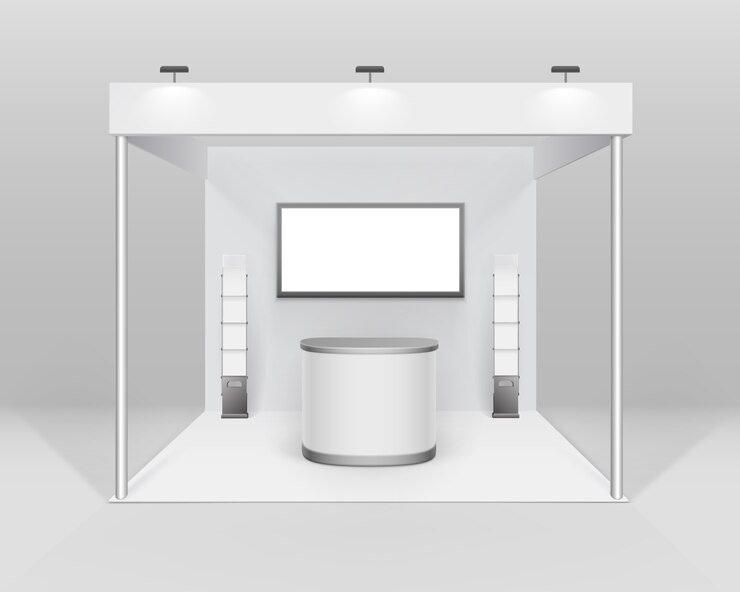 Vector white blank indoor trade exhibition booth standard stand for presentation with counter spotlight screen booklet brochure holder isolated on background