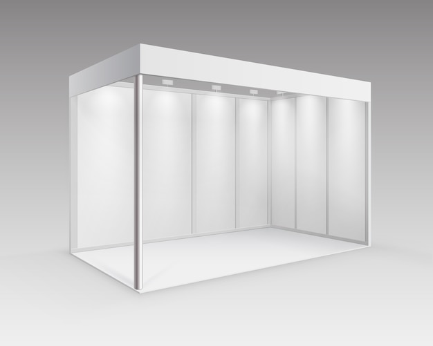 White Blank Indoor Trade exhibition Booth Standard Stand for Presentation with Spotlight in Perspective Isolated on Background