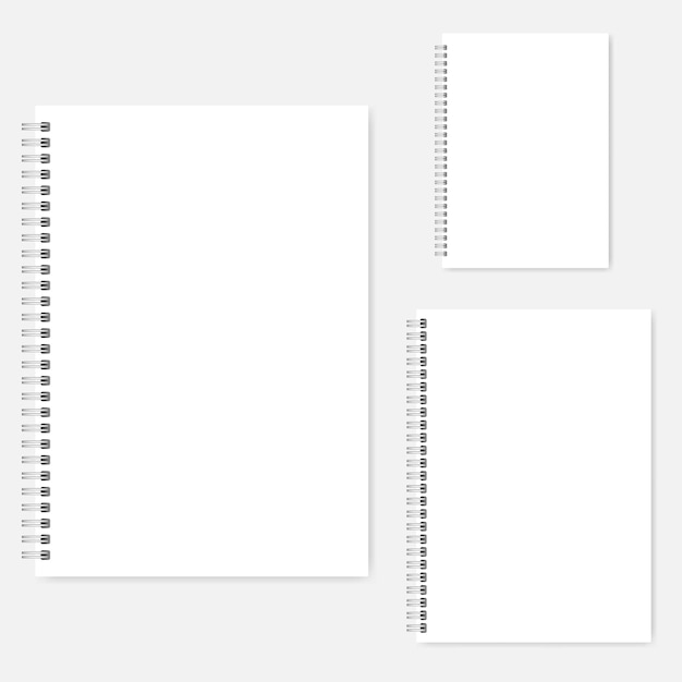 白い空白のノートブックベクトルモックアップセットA4A5A6スパイラルメモ帳モックアップワイヤーバインド日記テンプレート