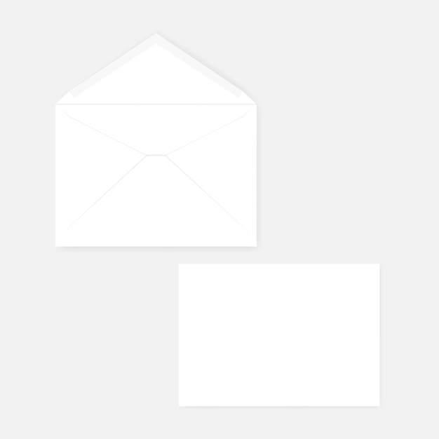 Vector white blank v flap c5 envelope with gummed seal, realistic mockup. front and back. open and closed
