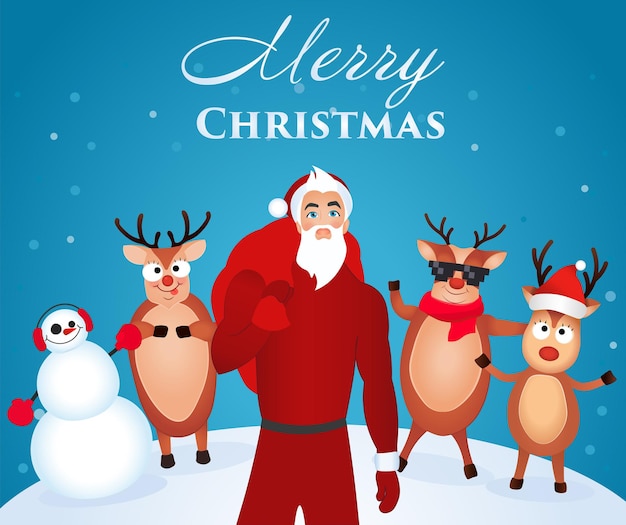 Бело-синий плакат Happy Christmas с изображением модного, современного и молодого Деда Мороза и его веселого оленя на заднем плане со снеговиком.