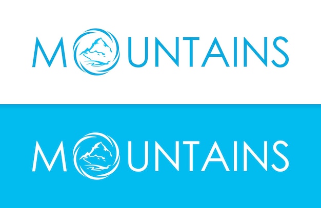 White and blue travel logo of mountains