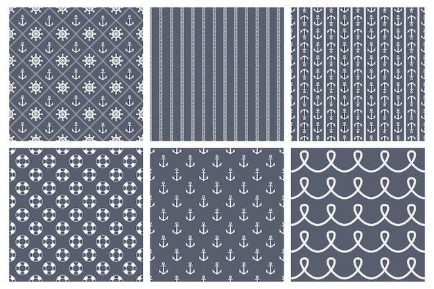 Bianco blu vettore nautico seamless pattern set mare sfondi marini seamless texture disegnato a mano ancore nautiche marine ruote corde salvagenti modello design per carta da parati tessile stampa