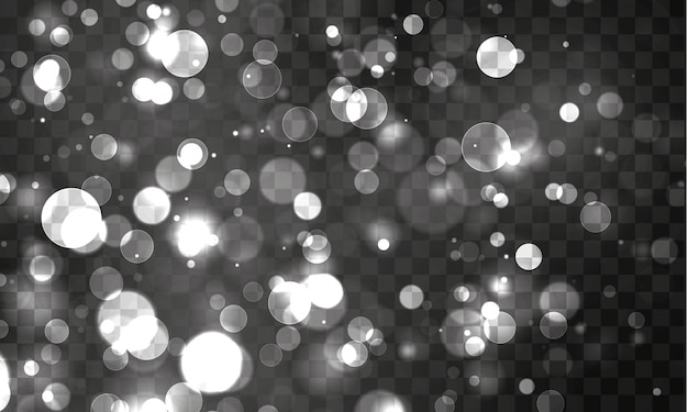 Vector white bokeh, silver lights, blurred bokeh light on transparent background. abstract glitter defocused blinking stars and sparks.