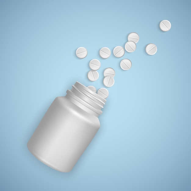 White bottle with pills, top view, realistic