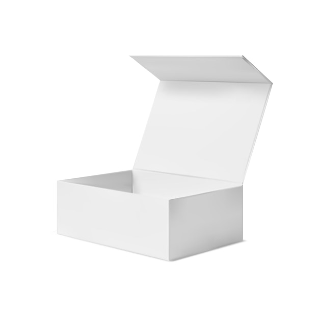 Scatola bianca vuota modello vuoto della scatola di cartone aperta