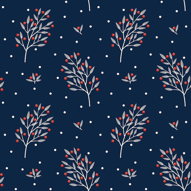 White branches with red winter berries on a dark blue background seamless pattern.