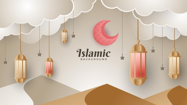 Vector white brown cloud and pink islamic background with desert moon and lantern premium vector