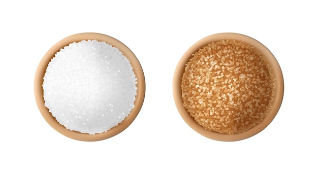 White and brown sugar in wooden bowls. Raw unrefined organic cane sugar piles top view vector illustration