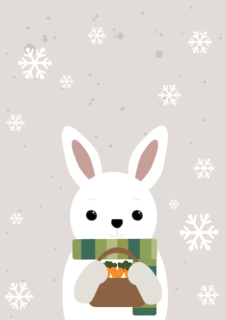 Vector a white bunny in with scarf holds a basket of carrots.the back of snowflakes.the symbol of 2023