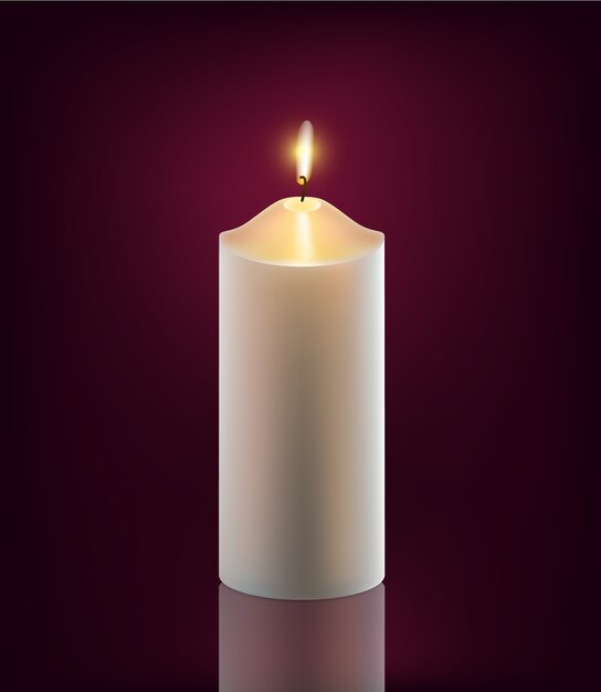 White burning candle on dark background