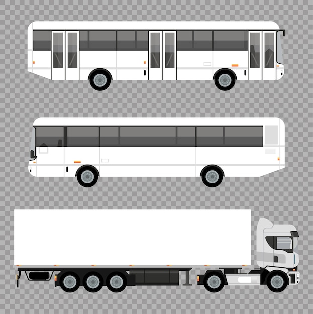 벡터 흰색 버스 및 트럭 모형 자동차 차량