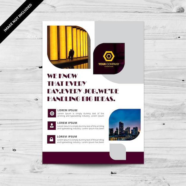 Brochure di business bianco con dettagli viola e grigi