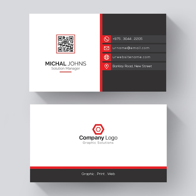 white business card with red details
