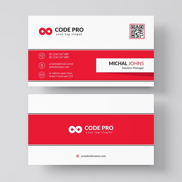 White business card with red details